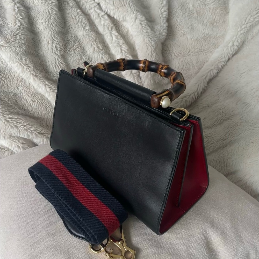 Gucci Black and Red Handbag with Bamboo Handle